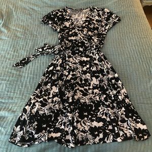 Black and white floral wrap dress midi